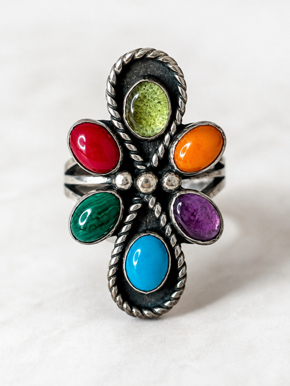 Sterling Multicolor Cabochon Gemstone Statement Ring Silver Boho Southwestern 6